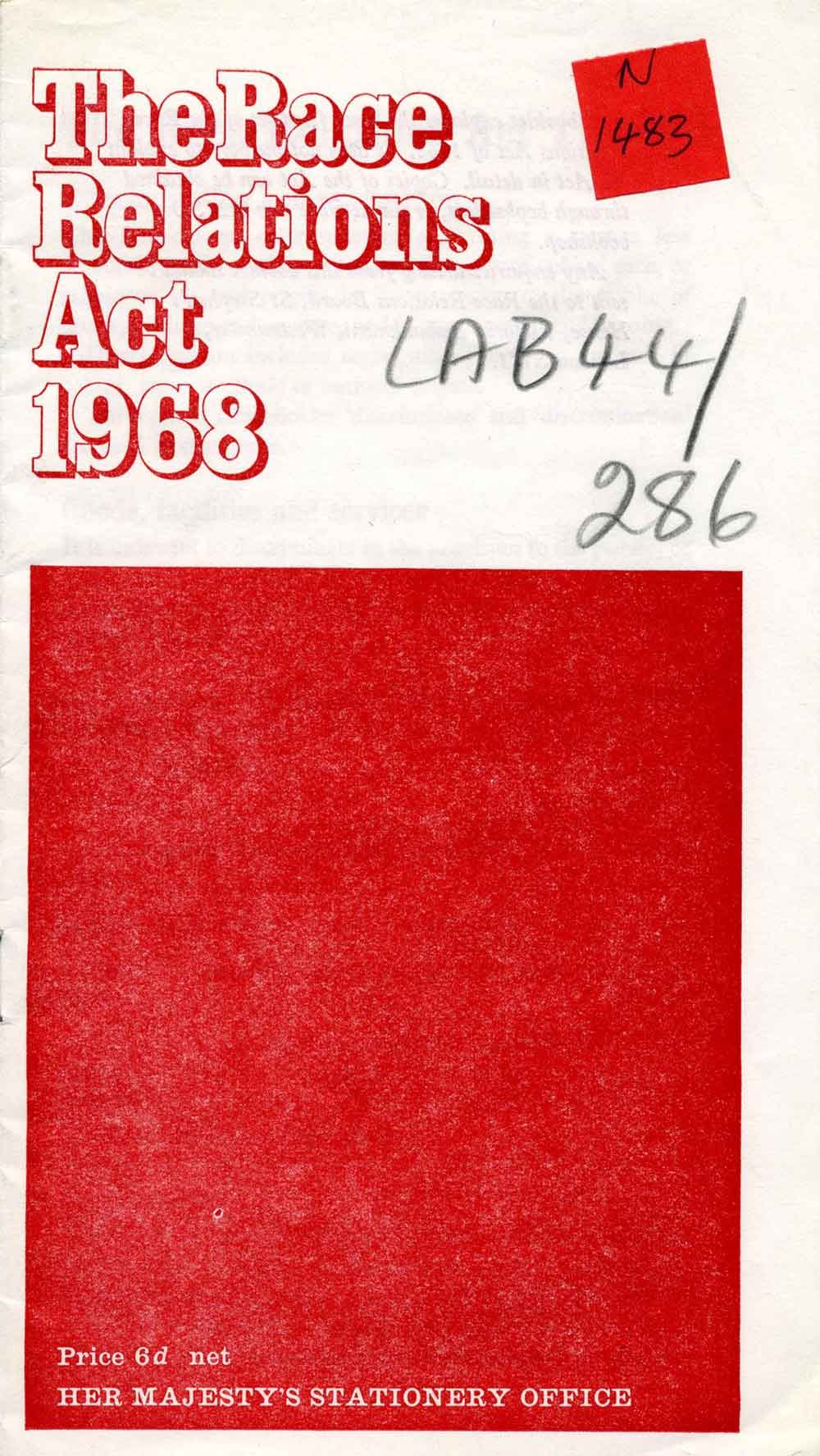 The front cover of a document. The text 'Race Relations Act 1968' is written in bold red text