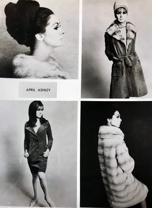Four modelling photos of a woman wearing fashionable clothes of the time including a fur coat.