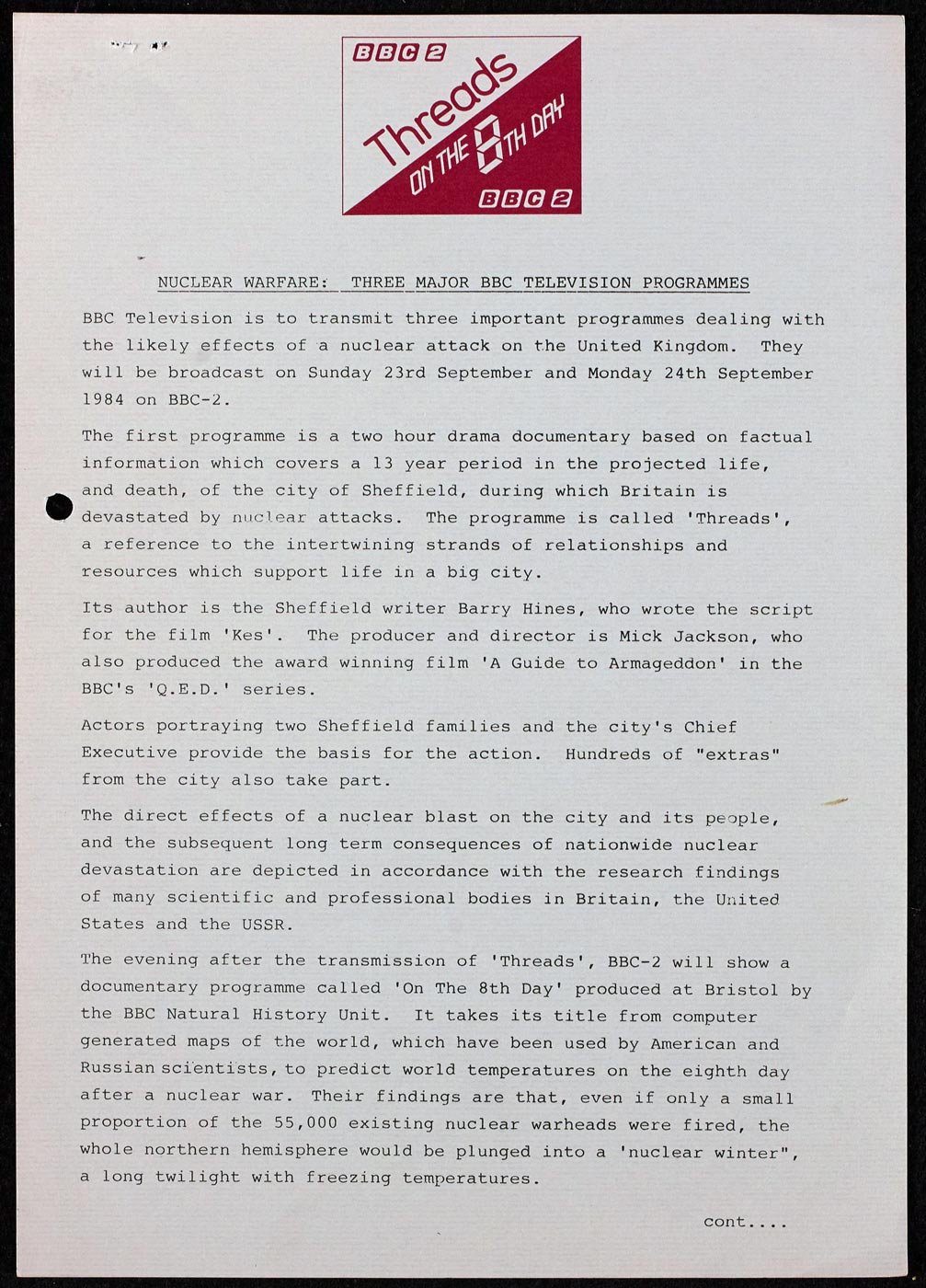 A typed sheet of paper detailing information around the BBC programme Threads on a nuclear attack.