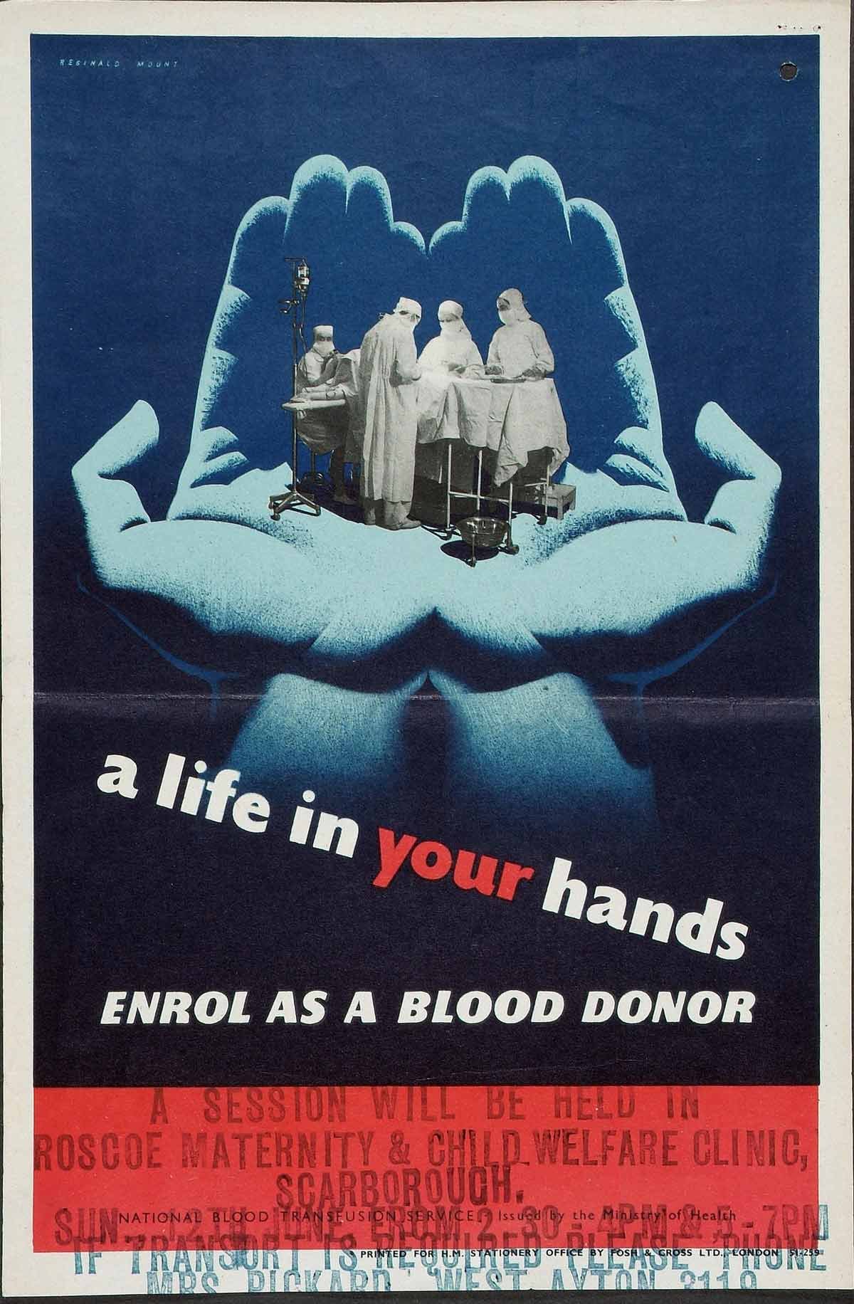 Surgeons operate on a patient within a huge pair of hands above the words 'a life in your hands'.
