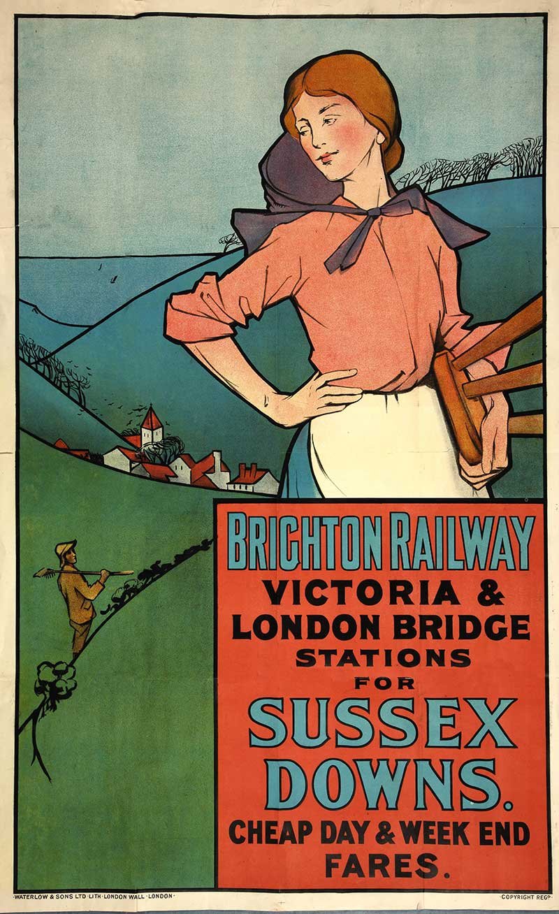Illustrated poster featuring a woman holding a milking stool. Behind her are lush rolling hills.