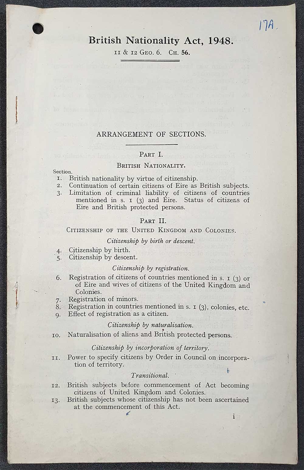 The front page of an official document. The title reads 'British Nationality Act, 1948'
