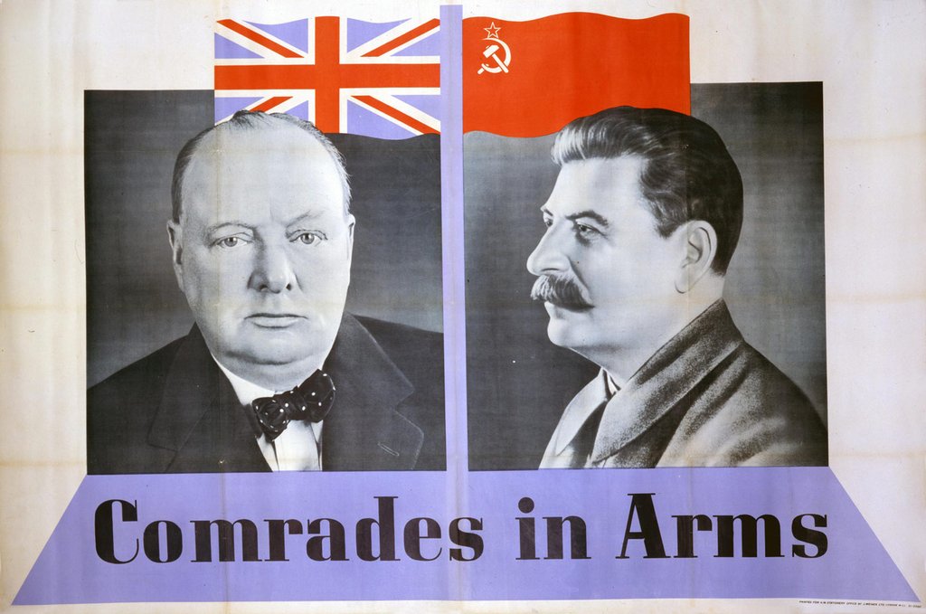 Stalin is pictured looking towards Churchill who looks towards the viewer.