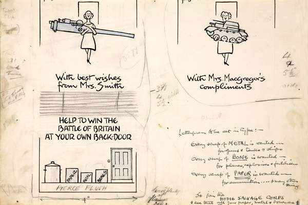 Sketches of a woman holding a machinery for war, with annotations alongside.