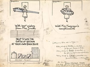 Sketches of a woman holding a machinery for war, with annotations alongside.
