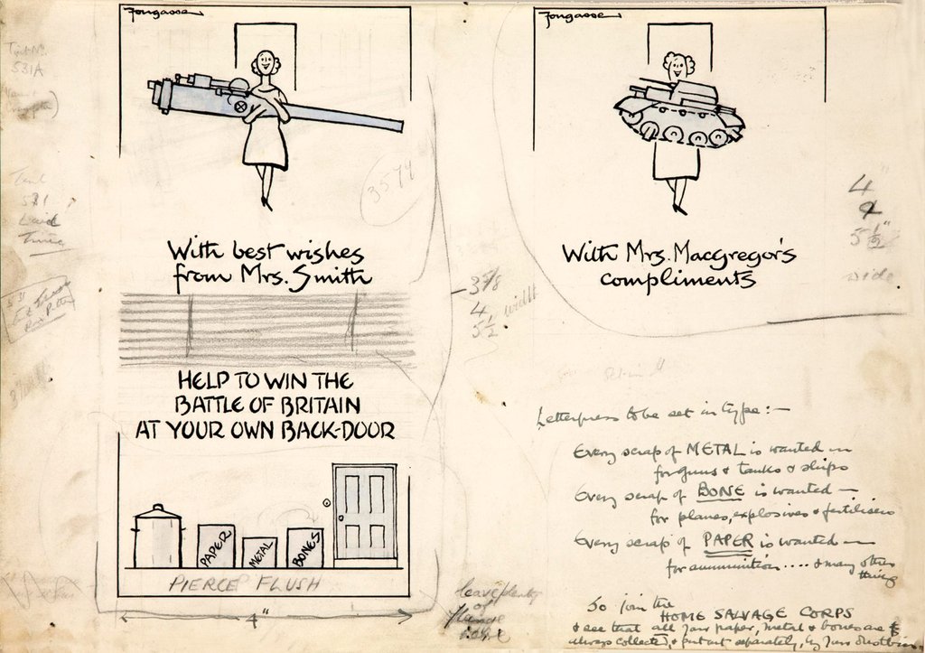 Sketches of a woman holding a machinery for war, with annotations alongside.