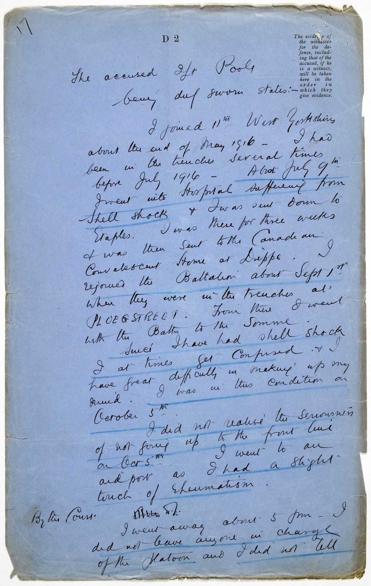 Handwritten note on blue paper starting 'I joined 11th West Yorkshire about the end of May 1916'.