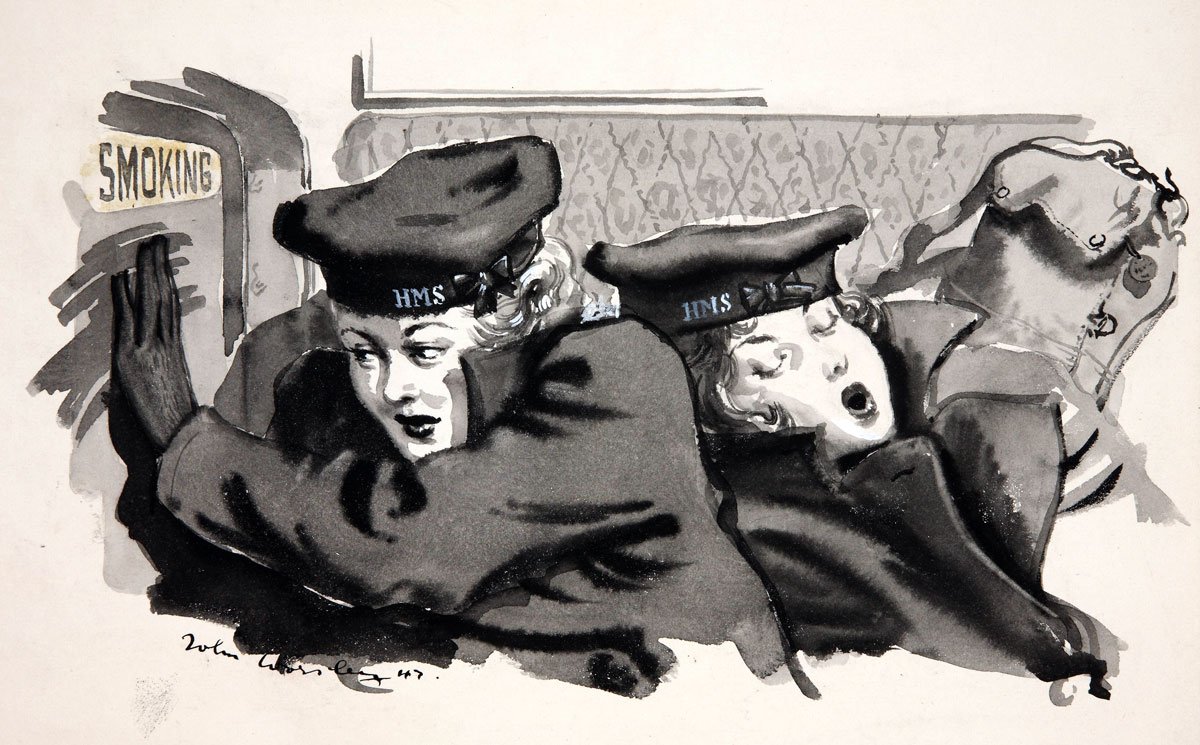 Two women in uniform seated in a train compartment. One looks out the window the other is sleeping.