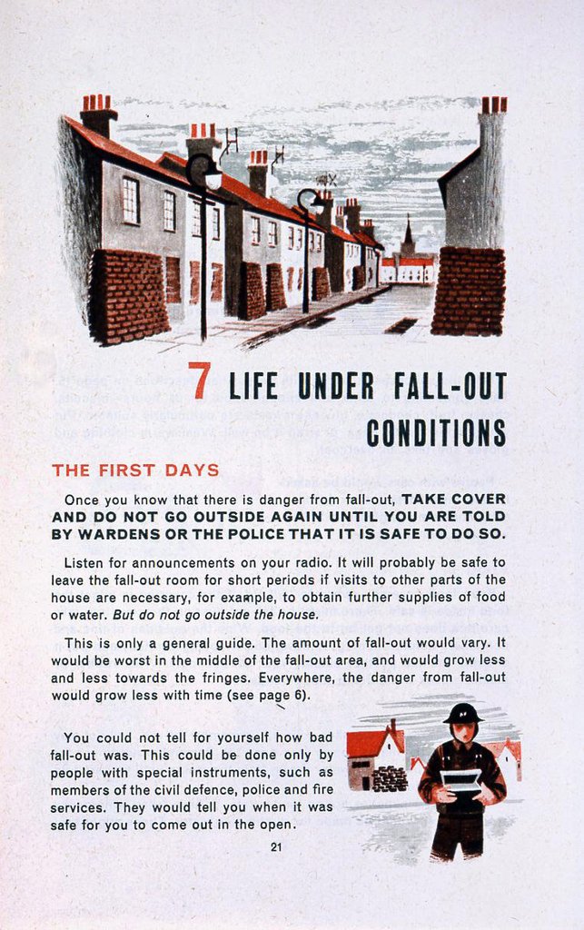 A pamphlet on 'the first days' after a nuclear attack as an image of suburban houses bricked up.