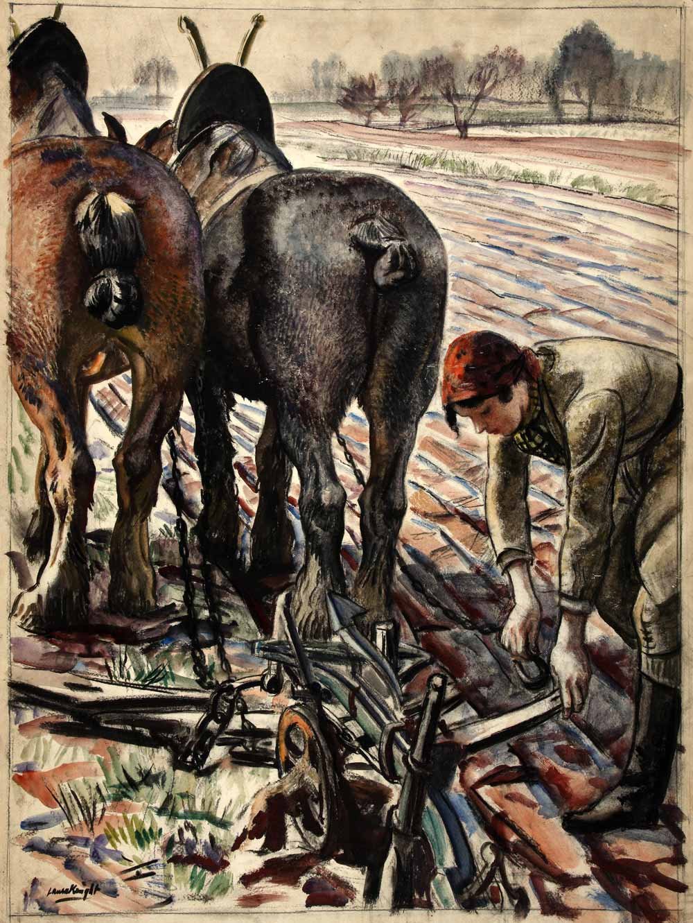 A woman wearing a red headscarf bends over a wheeled plough chained to two horses in a ridged field.