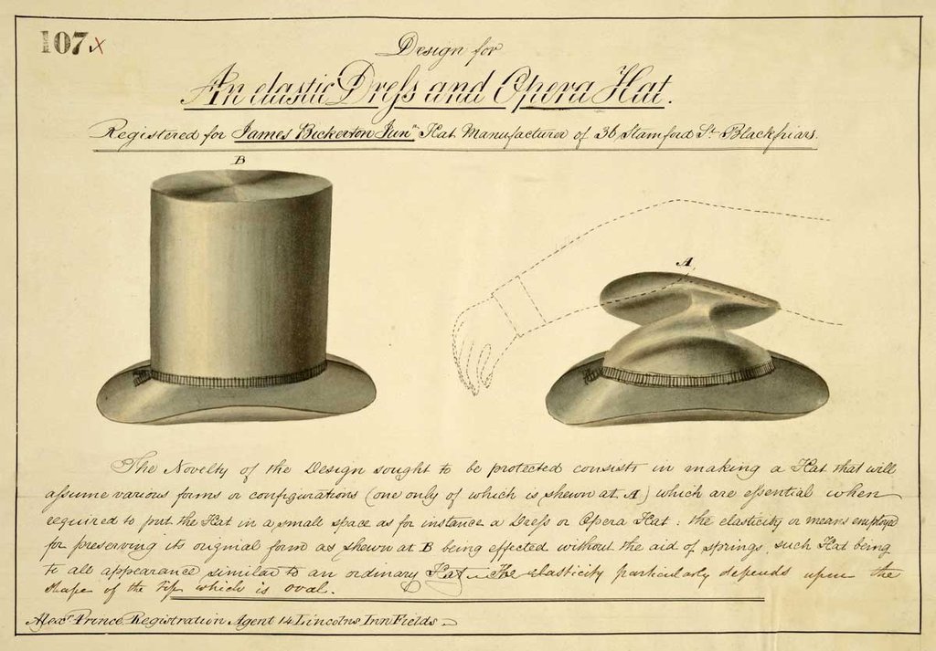 Text surrounds a sketch of a regular top hat next to one with the top folded down to half the size.