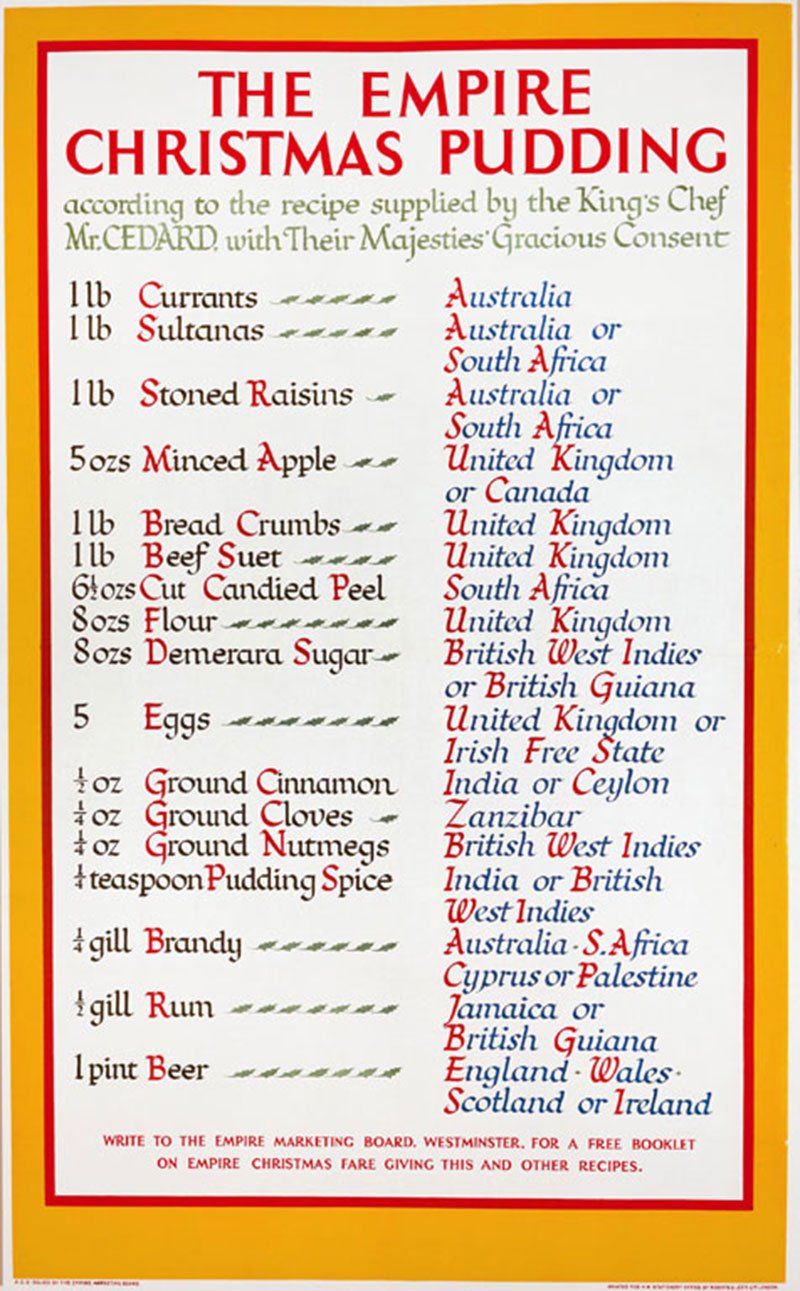 A poster of text listing the ingredients for Christmas pudding