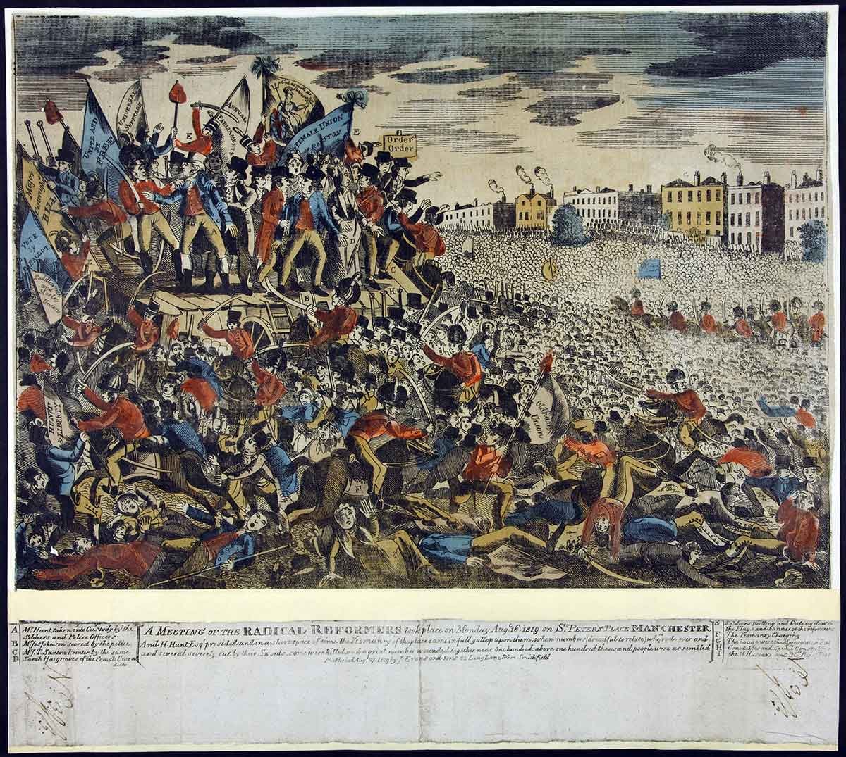 A colourful illustration of a large crowd of people being attacked by soldiers with sword on horses