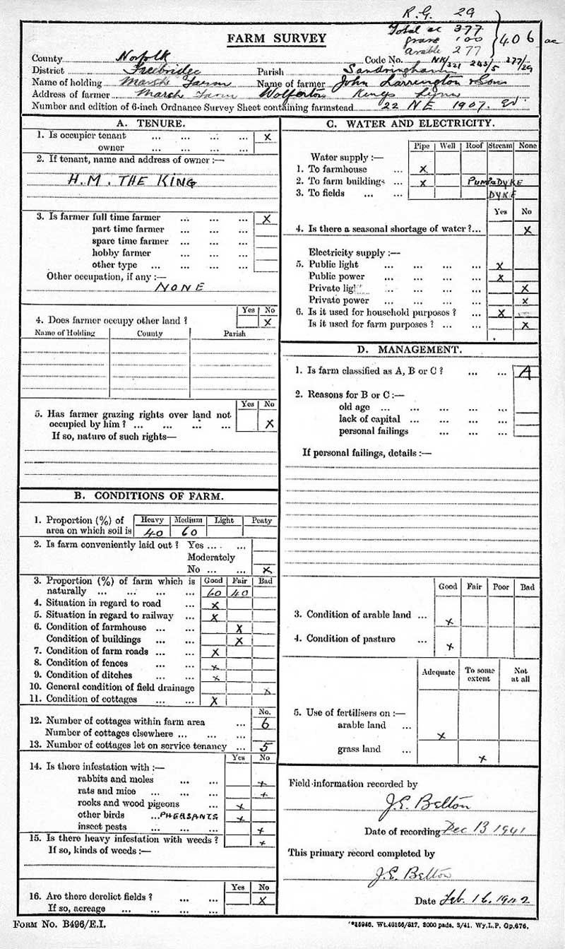 An official form titled 'Farm Survey' that has been filled in by hand