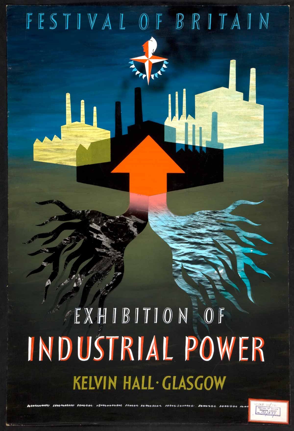 A black and a blue set of roots join to form a red arrow pointing up into 3 silhouetted factories.