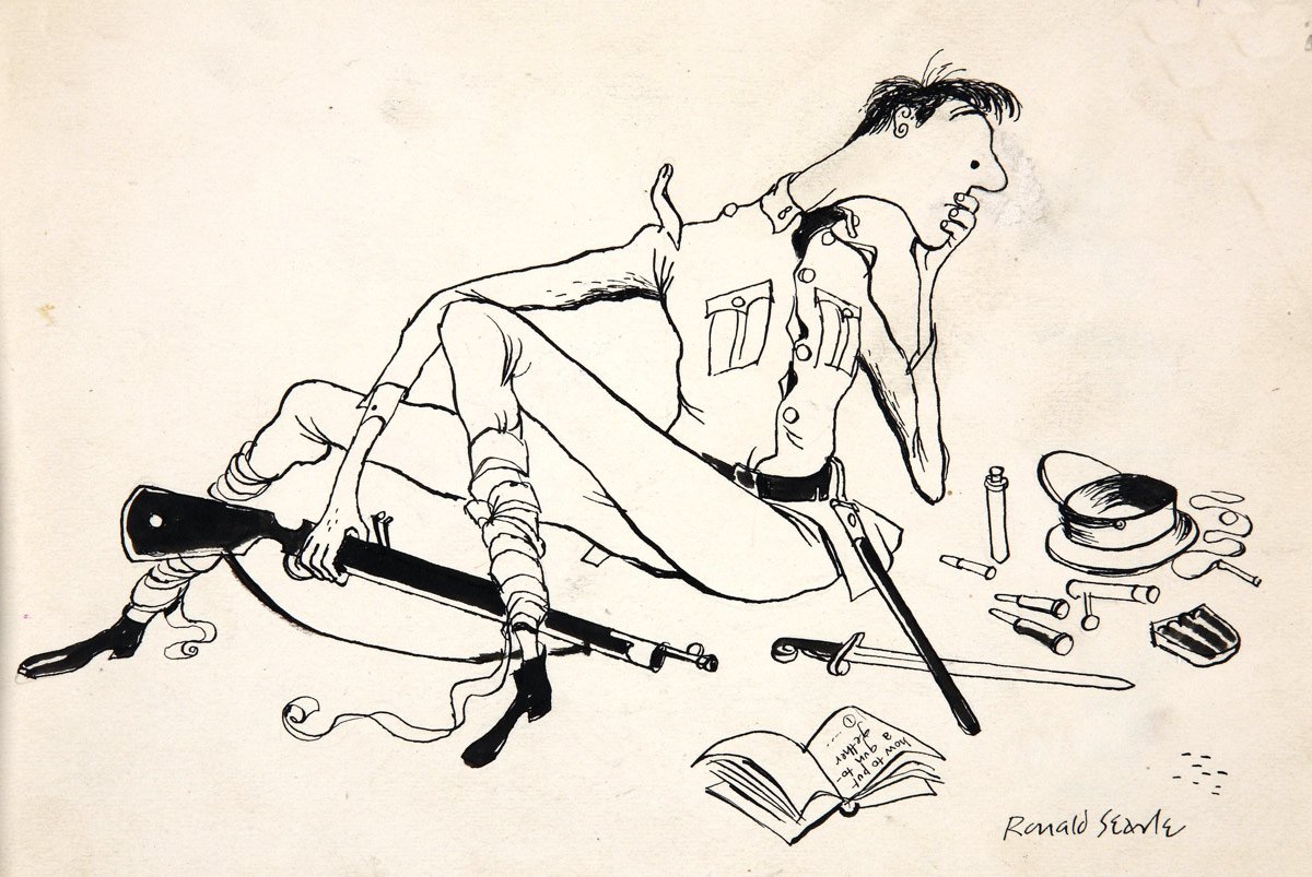 A drawing of a worried man in army uniform sat down, holding a gun, his military items fallen him.