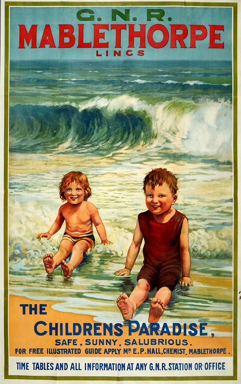 Illustrated poster of two small children sitting on the beach with waves behind them.