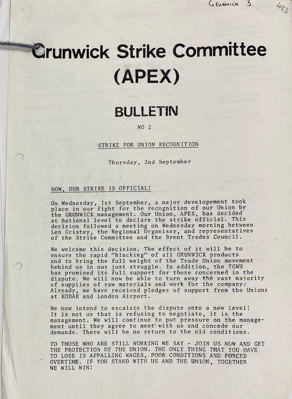 Printed document headed 'Grunwick Strike Committee (APEX)'.