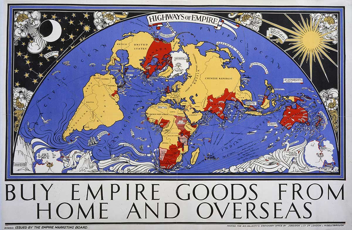 A map of the world with the British Empire marked in red and lines representing trade routes