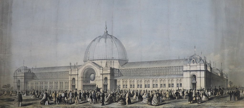 Hundred of people standing outside a large Victorian exhibition building with a glass dome.