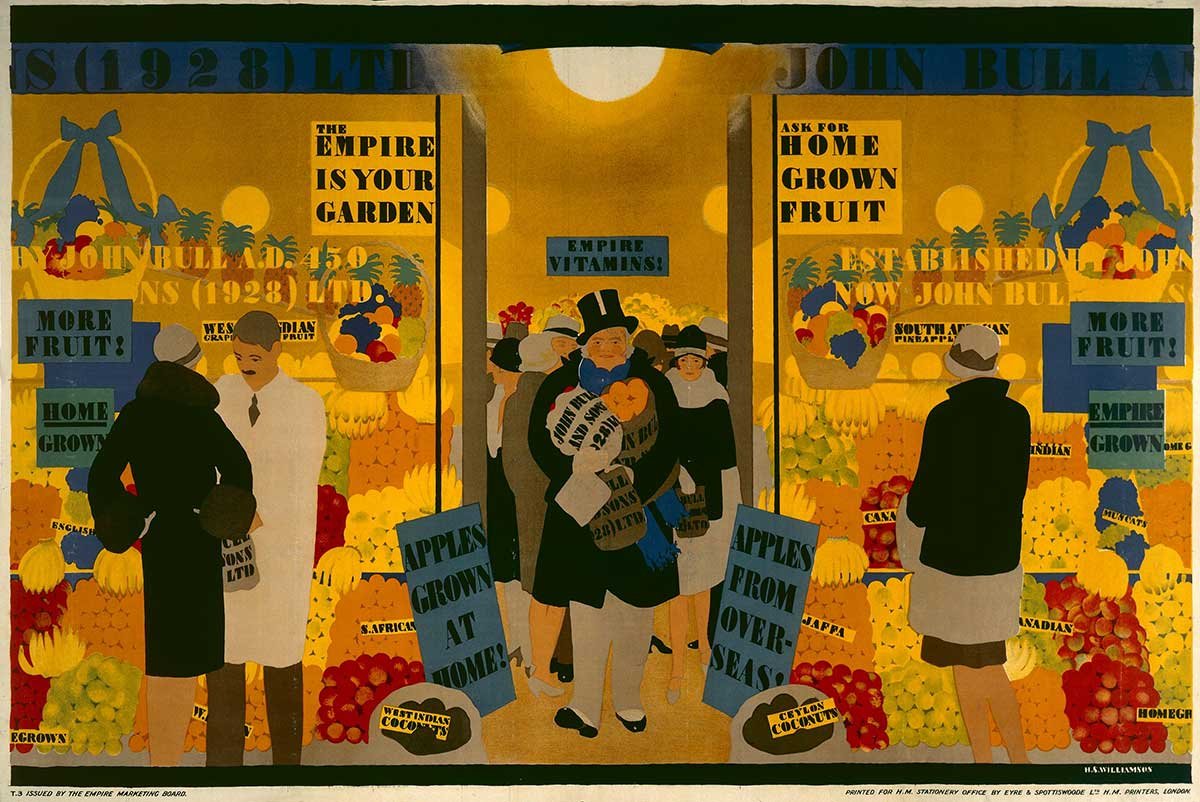 A painting of the front of a grocers' shop with customers looking at an array of produce
