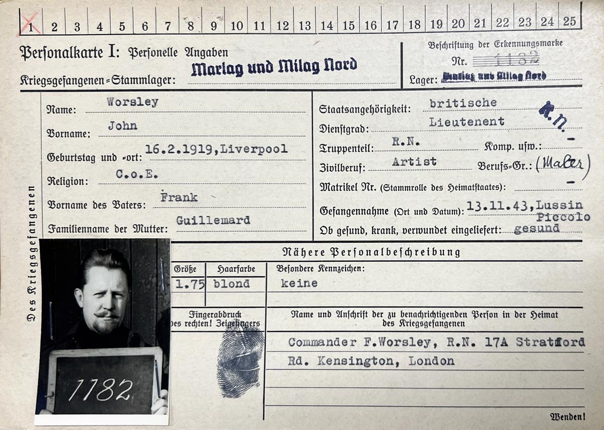 A pow card for a 'John Worsley' includes a photograph and a fingerprint.