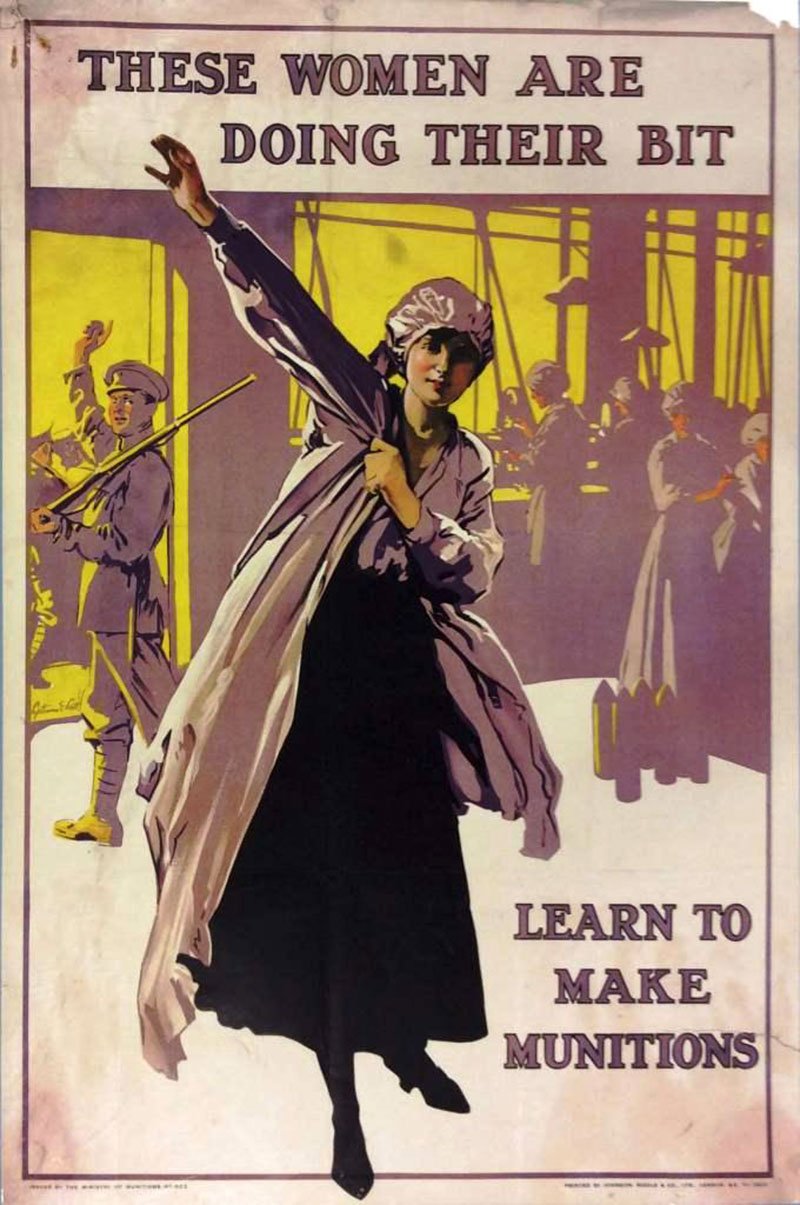 A poster titled 'These women are doing their bit', showing a woman getting ready to go to work