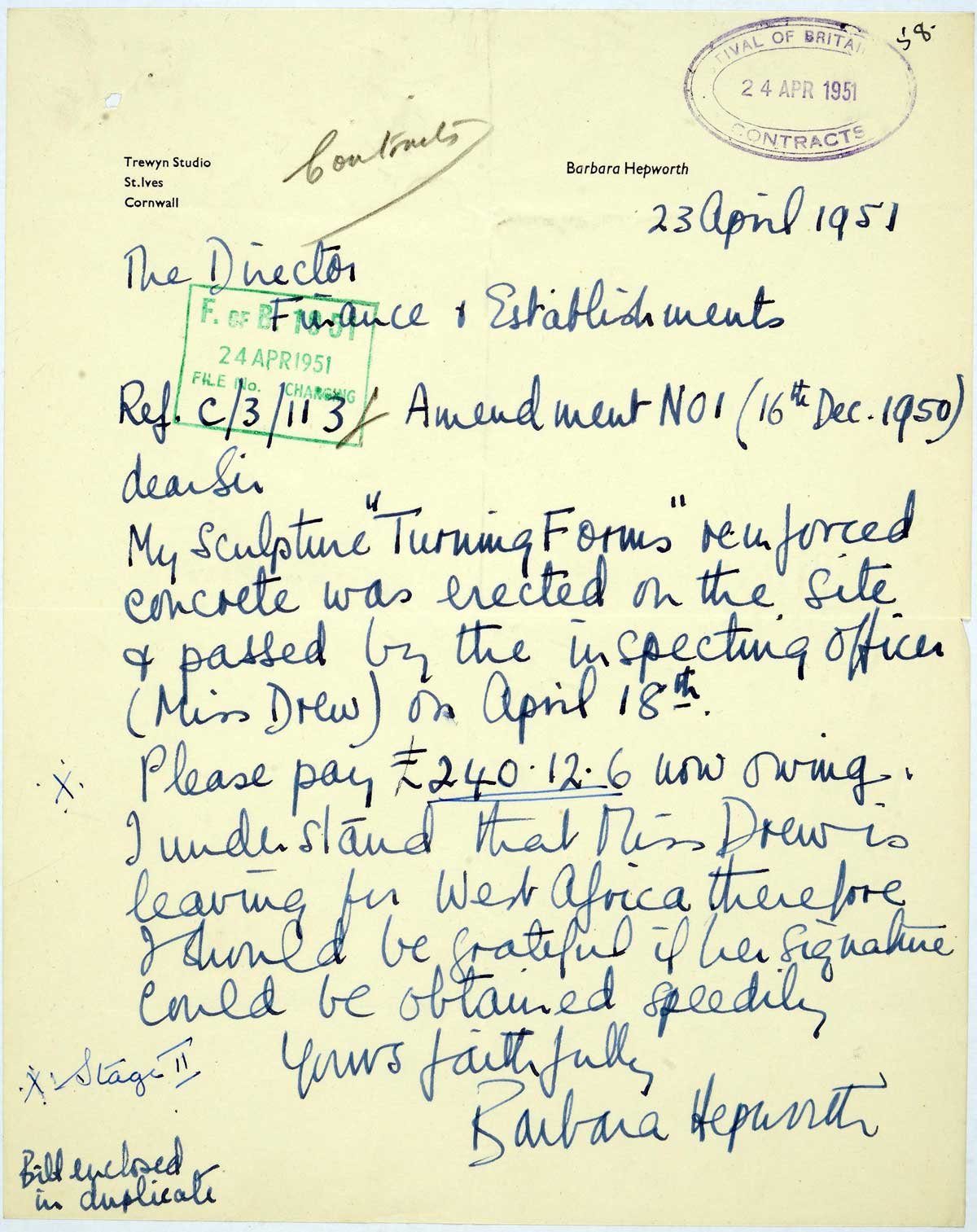 Handwritten letter on 'Barbara Hepworth'-letterheaded paper.