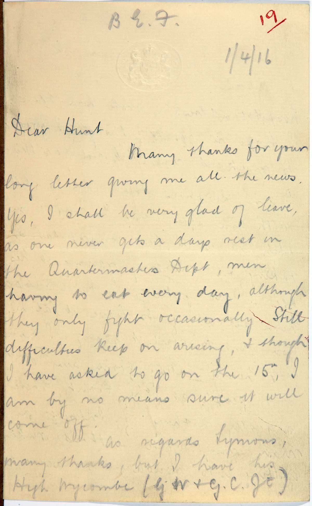 Handwritten letter on yellow notepaper, beginning 'Dear Hunt'.