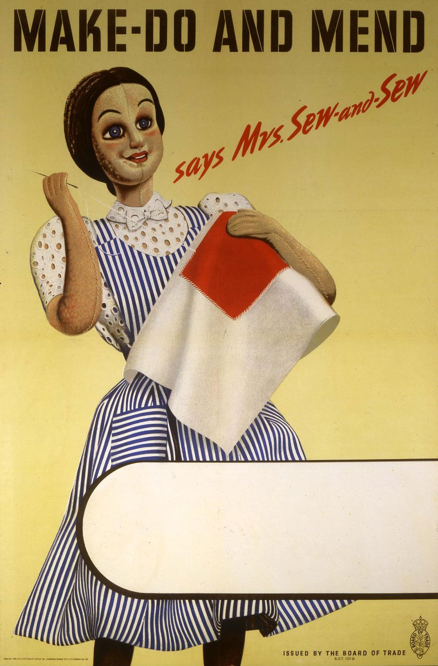 A women is sewing and smiling 'Make-do and mend says Mrs Sew-and-Sew' is written.