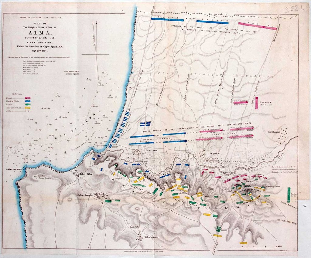 Map with a river marked in blue and columns of troops marked in blue, pink, yellow and green.