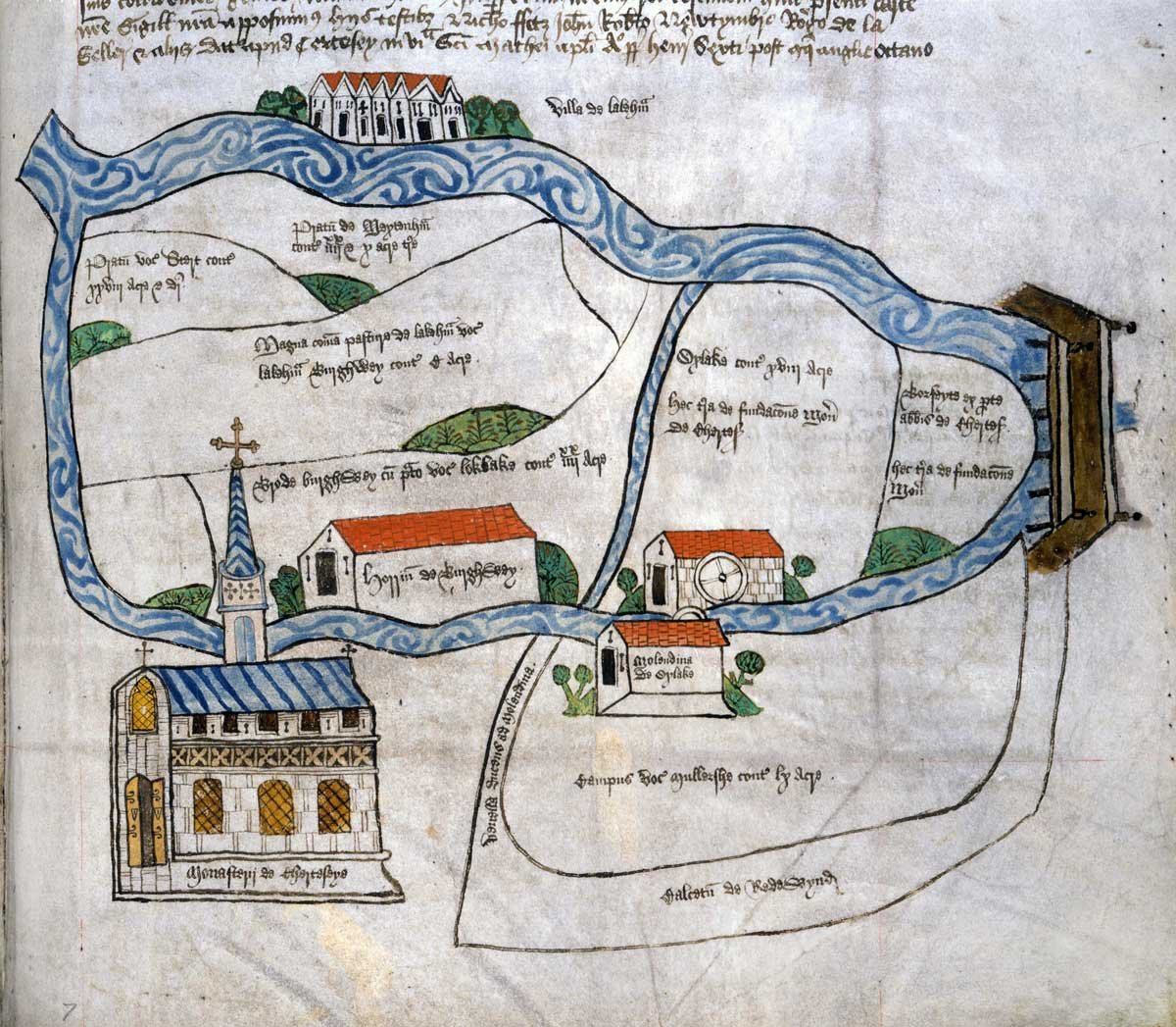 Map featuring several buildings with red-tiled rooves and a detailed image of a church.