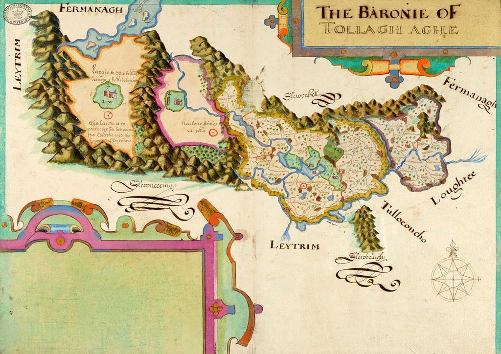 Extremely colourful map with elaborate handwriting showing mountain ranges, rivers and region names.