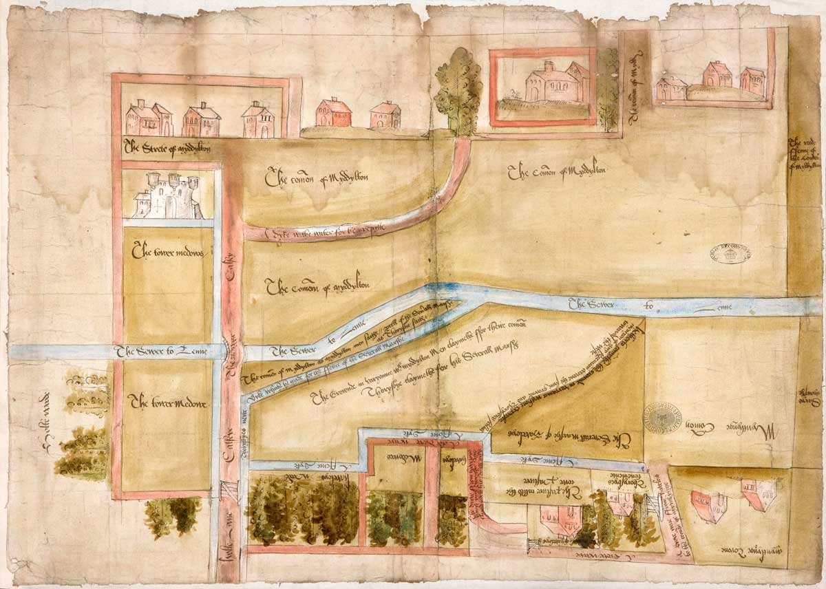 Map on parchment showing very straight pink roads, blue rivers, trees and buildings.