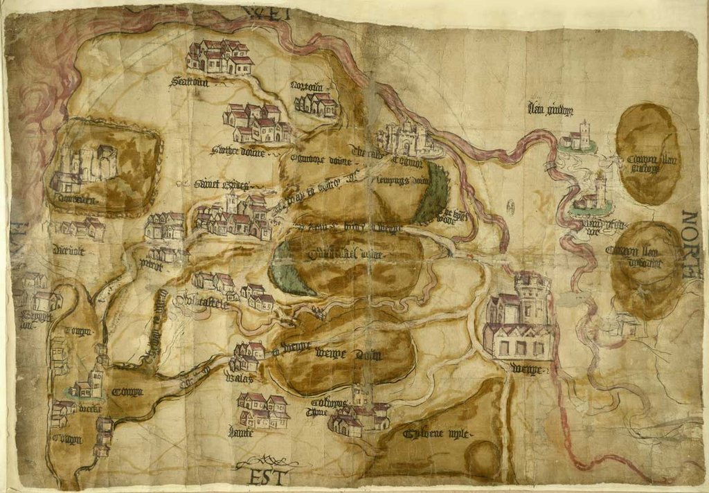 Map showing clusters of buildings sketched in 3D next to names of settlements.