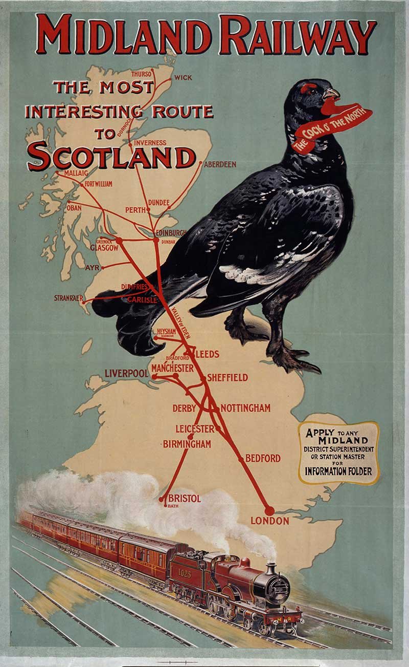 An illustrated poster of a map of Britain with a large black bird and a train