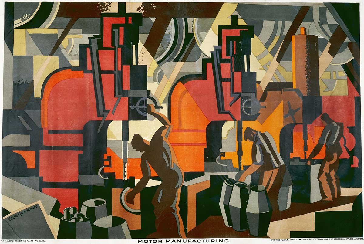 A blocky, abstract painting of men working on large machines
