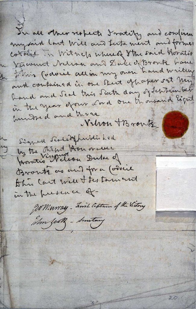 The last page of a hand written will. There is a red wax seal on the right hand side