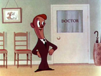 Cartoon of a man in a brown suit and black tie waiting outside a door marked 'DOCTOR'.