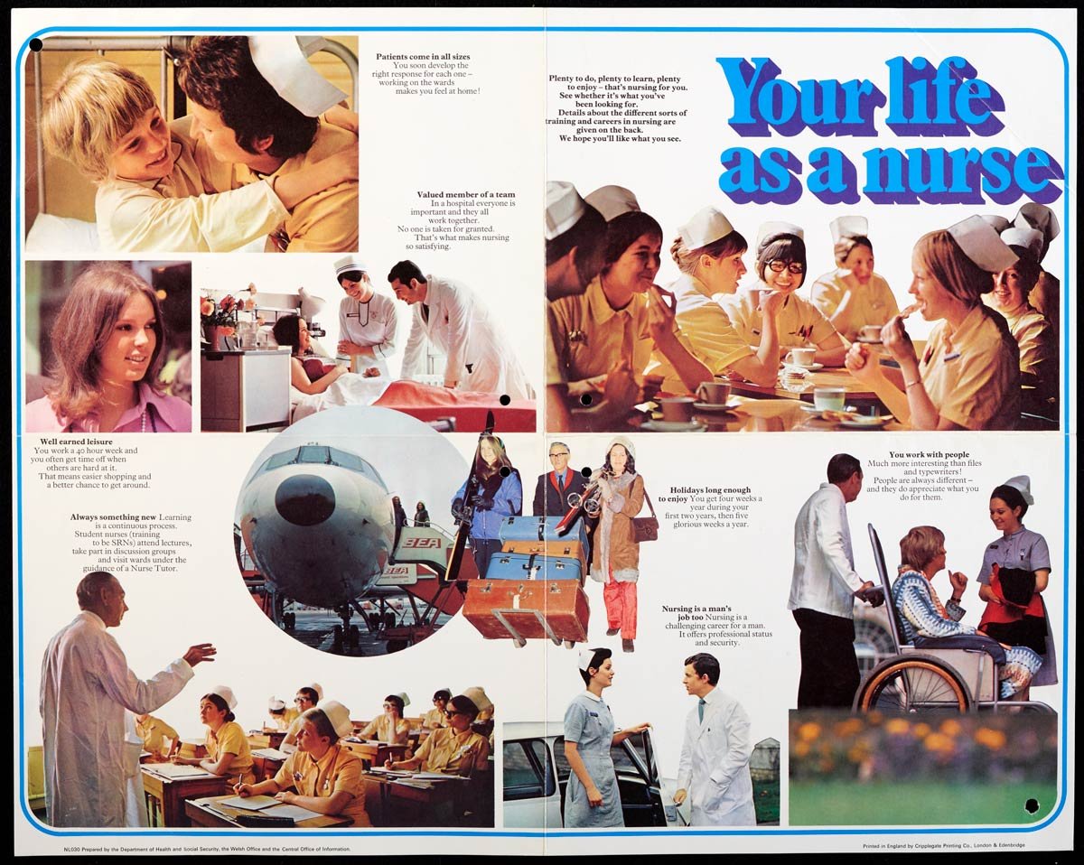 Eight photographs displaying 'your life as a nurse' including seeing patients and learning.