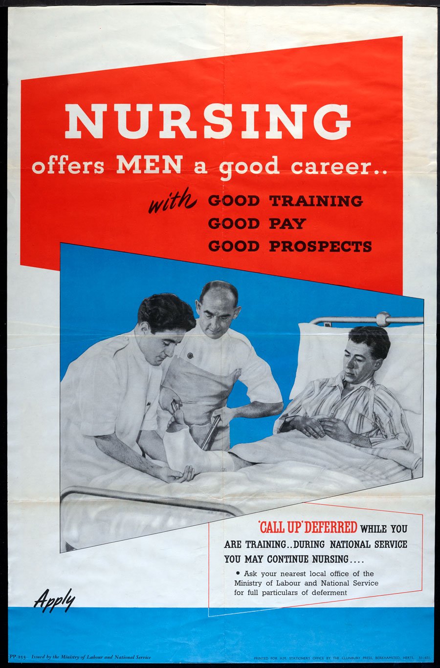 A poster with 'Nursing' title featuring a photo of two male nurses with a patient.