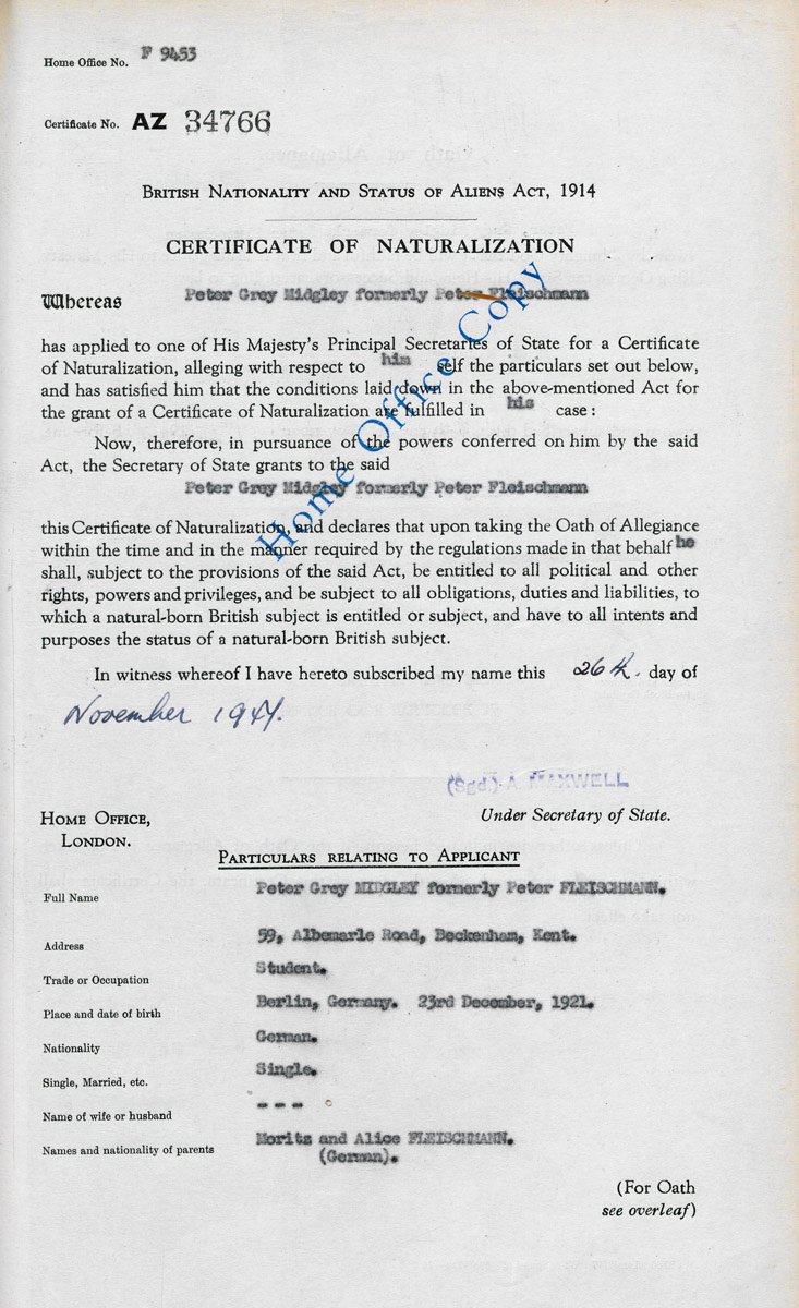 A typed certificate of naturalisation for a 'Peter Grey Midgley'. Says it's the 'Home Office Copy'.