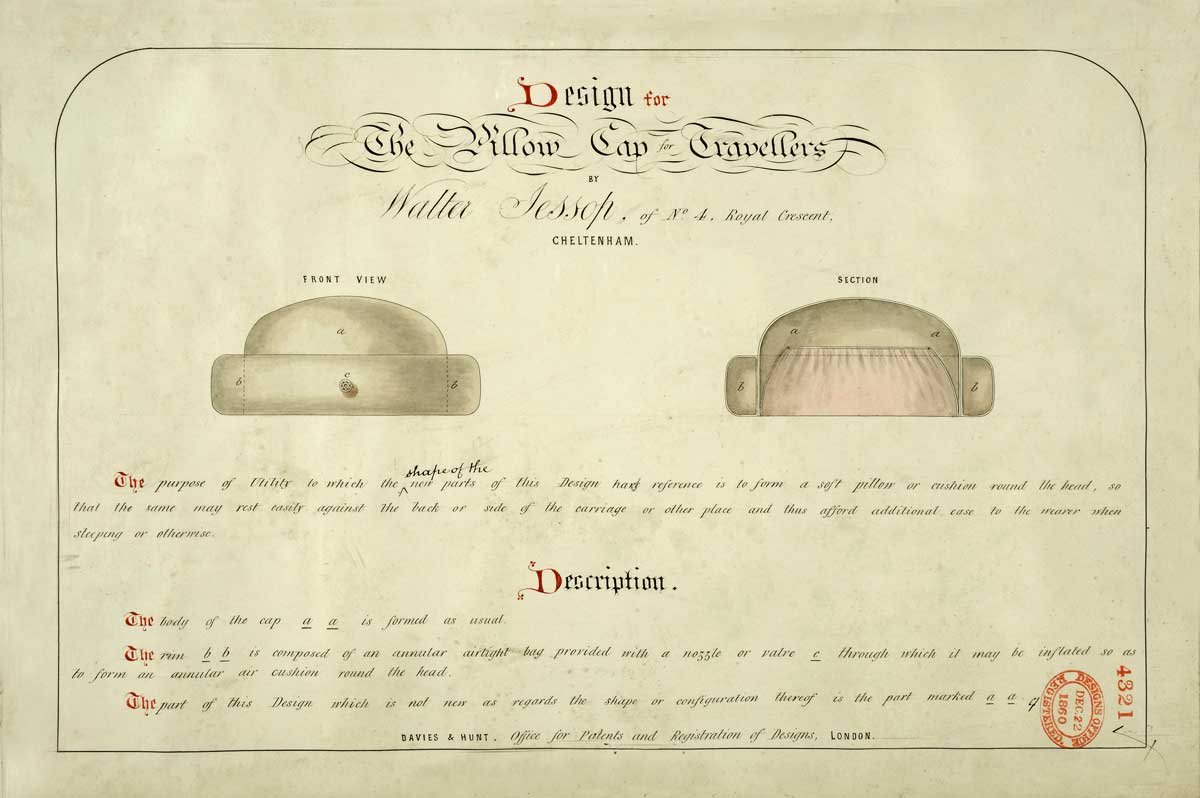 A front view and a cross-section of quite a flat, cushioned hat along with a description.