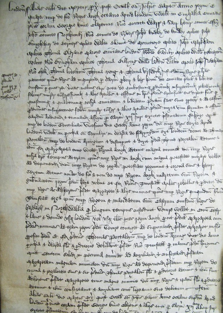 A handwritten document written in one paragraph from top to bottom of page. Writing in the margin.