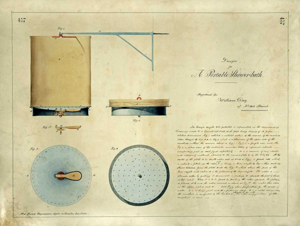View of a device with a sheet that hangs from a hook above a round base with holes in.