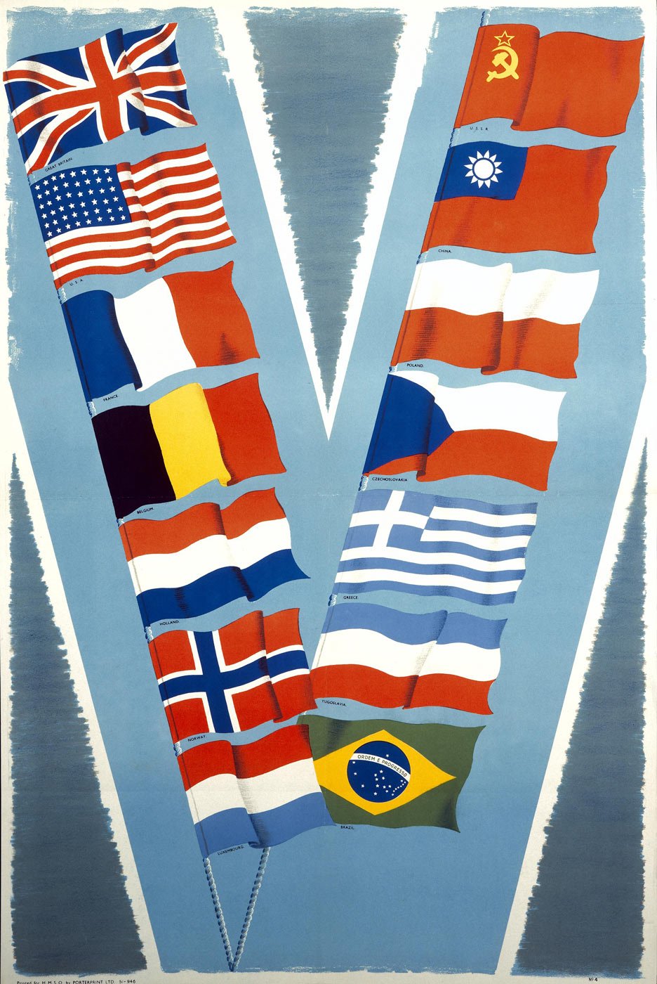 14 flags of the allied forces of WW2 are positioned in a 'V' formation on a blue background.