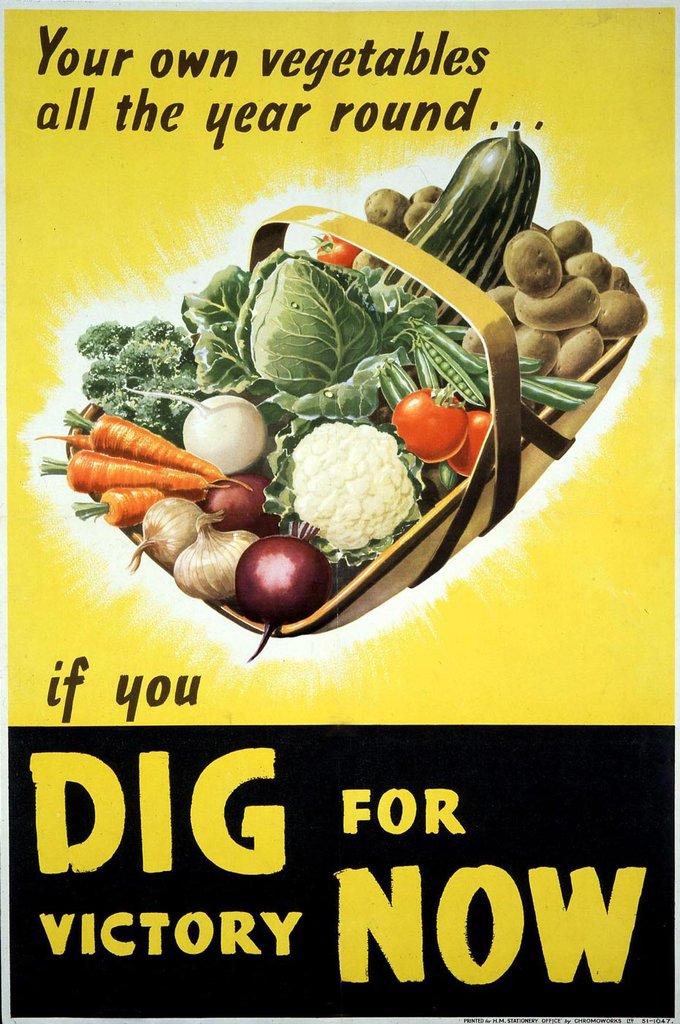 A basket with vegetables, 'Your own vegetable all the year round... If you dig for victory now'