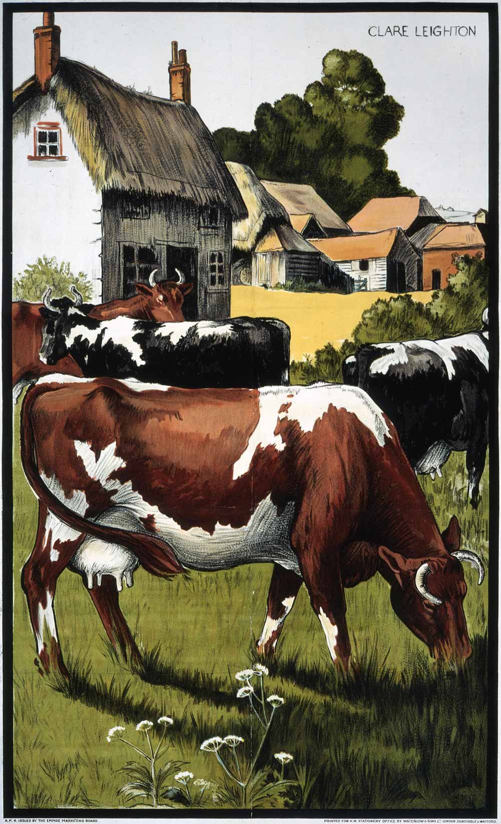 Painting of two brown and two black dappled cows grazing in front of houses with thatched rooves.