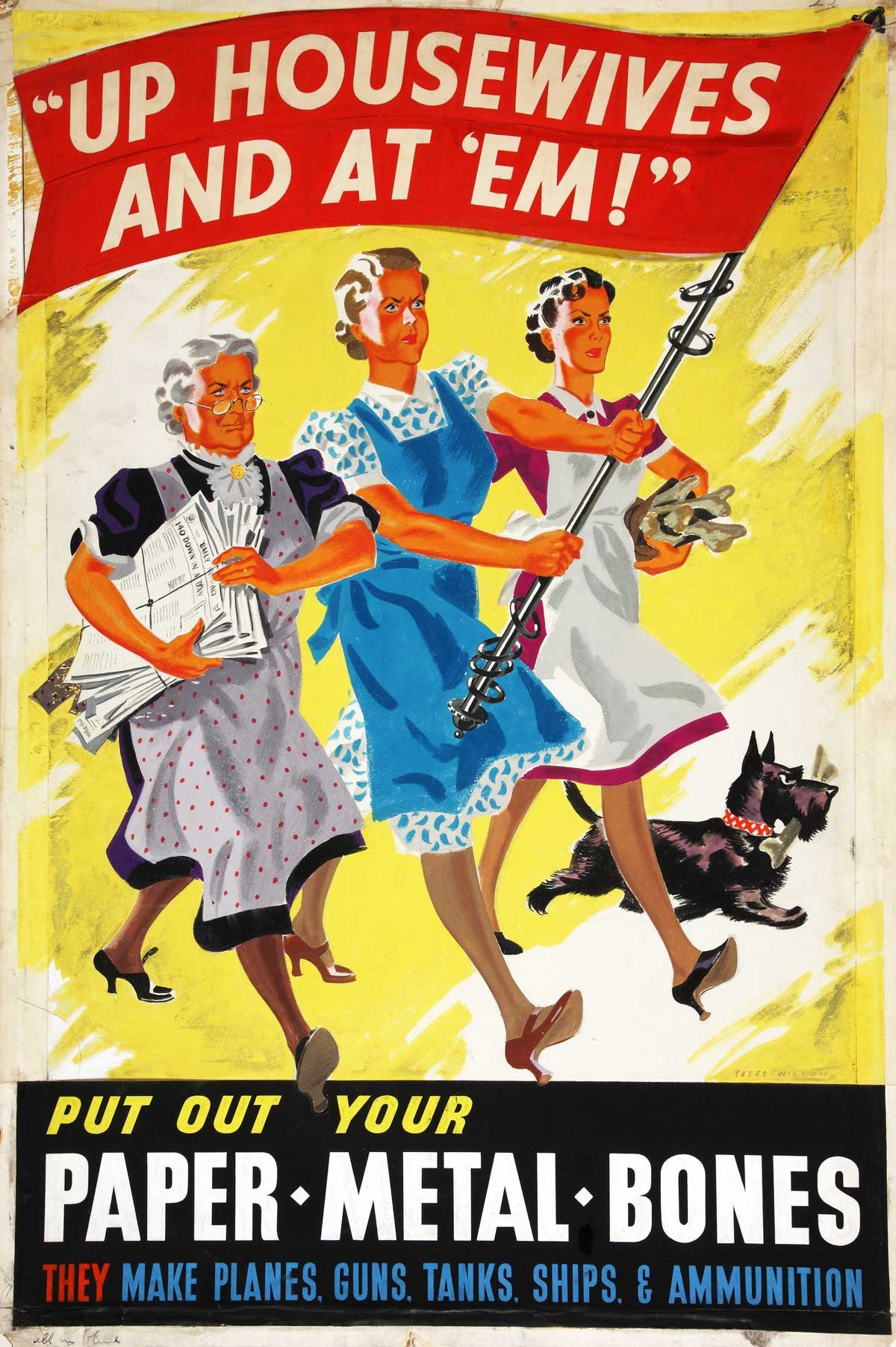 Colourful painting of three women in aprons striding forwards with a large red flag.