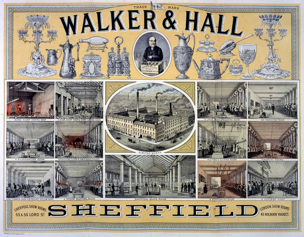Yellow poster showing a range of manufactured goods and different crafts happening in rooms.